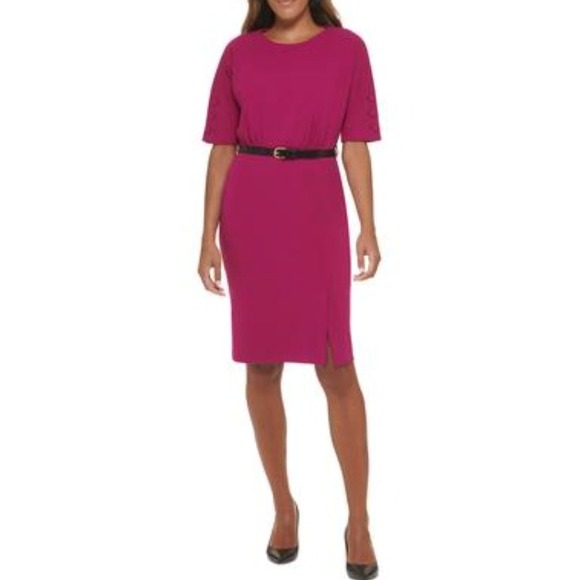 Calvin Klein Dresses & Skirts - Calvin Klein Womens Berry Pink Belted Sheath Dress CD2C1Q2G Short Sleeve Size 4